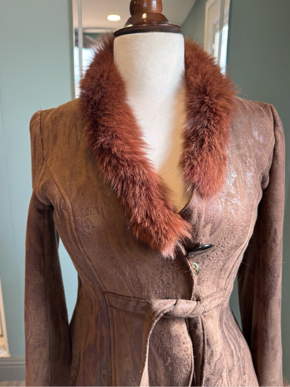 Vintages Y2K Brown Fur Trim Jacket Silk Cotton Wool Blend Fitted Coquette XS S - Picture 3 of 8